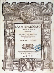 Frontyspis z komedii madrygałowej Amfiparnaso autorstwa Orazio Vecchi