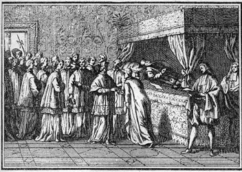 Pogrzeb papieża w XVIII wieku: rozpoznanie ciała zmarłego papieża. Grawerowanie w „Histoire des religions””.