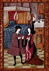 Waleczne spotkanie w sypialni Prawdopodobnie miłość Jeana III de Brush i Louise de Laval. Miniatura z rękopisu ms. 1475