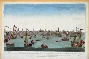 Widok ogólny Amsterdamu z morza XVIII w. (rycina)