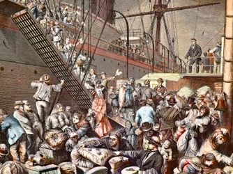 Niemieccy emigranci do Nowego Jorku wsiadający na parowiec Hamburg w 1874, rycina - (Deutsche Emigranten)