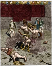 Walka gladiatorów. Grawerowanie z XIX wieku.