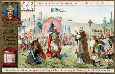 Wielcy zdobywcy: portret Karola Wielkiego (742 lub 747-814) i jego spotkanie z papieżem Leonem III (750-816) w obozie Paderborn (Niemcy), 799 - chromolitografia Liebiga