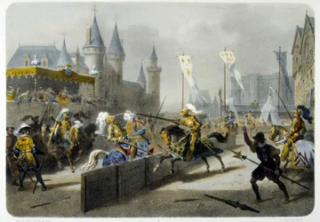 Henryk II (1519 - 1559) zmarł w turnieju 27 czerwca 1559 - litografia