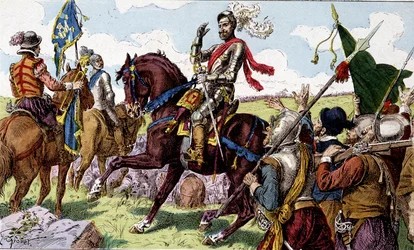 Henryk IV (1553 - 1610) w bitwie pod Ivry (= bitwa pod Ivry w Normandii) w 1590 roku. Obrazy dziecięce z XIX wieku.