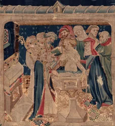 Historia św. Piata i św. Eleuthere, Scena 13: chrzest Blandy (Jak dobrzy święci ochrzcili trybunę córkę, która zbierała fundusze przez bardzo wielką tajemnicę: Blande, która była matką dobrego świętego). Szczegół.