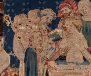 Historia św. Piata i św. Eleuthere, Scena 13: chrzest Blandy (Jak dobrzy święci ochrzcili trybunę córkę, która zbierała fundusze przez bardzo wielką tajemnicę: Blande, która była matką dobrego świętego). Szczegół.