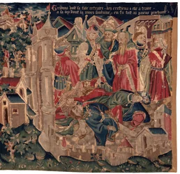 Historia św. Piata i św. Eleutery, scena 14: Plaga niszczy miasto Tournai.