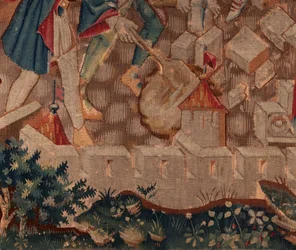 Historia św. Piata i św. Eleutery, scena 5 Szczegóły po lewej stronie poniżej. Mury miejskie i krzewy.