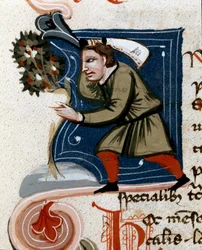 Ogrodnictwo: sadzenie drzewa. Szczegół. Strona rękopisu (MS.s.vi) "" Przysmak rolniczy "" Pietro de Crescenzi (Crescent Stone lub Crescens Stone) (1233-1320) XIV-wieczna Cesena, Biblioteca Malatestiana