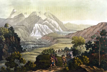 Humboldt i Bonpland przemierzają górę Quindiu na krzesłach nośnych. Z wyprawy do Andów Aleksandra von Humboldta (Alexandre de Humboldt