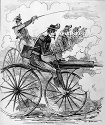 Rycina humorystyczna: Velocipedomania na karabinach maszynowych - XIX wiek.