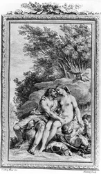 Ilustracja do "De rerum natura" autorstwa Tytusa Lukrecjusza Carusa (Lukrecja) rzymskiego filozofa i poety. Grawerowanie XVIII wieku.