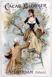 Ilustracja reklamowa firmy Blooker Cocoa przedstawiająca młodego mężczyznę w XVIII-wiecznej modzie, który pomaga młodej kobiecie schodzić po drabinie.