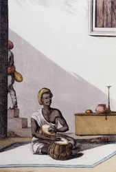 Kultura i cywilizacja indyjska: muzyk grający na tabli, tradycyjny instrument muzyczny, Indie. Grawerowanie 1808.