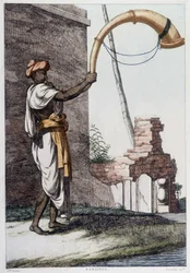 Kultura, cywilizacja i społeczeństwo Indii: muzyk grający na tradycyjnym indyjskim instrumencie dętym (Sournae). Grawerowanie z 1808 roku.