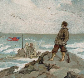 Isaac Israel Hayes (1832-1881) noszący amerykańską flagę nad brzegiem morza polarnego. Chromo z końca XIX wieku.