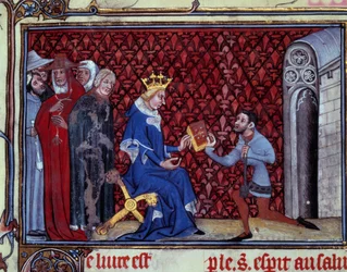 Jacques Bauchant przedstawia swoją książkę królowi Karolowi V (1338-1380) Miniatura zaczerpnięta z „”Drogi Boga i Wizji św. Elżbiety von Schonau (1128-1164)”” Jacquesa Bauchanta z Saint Quentin (? -1396), Paryż, B.N.