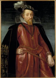 James Stuart, Jakub VI król Szkocji i Jakub I król Anglii i Irlandii - Portret króla Anglii Jakuba I (1566-1625), Anonim . Olej na drewnie. Rozmiar: 115x86cm. Muzeum Narodowe w Sztokholmie