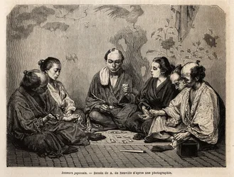 Japońscy gracze w środku kart. Grawer ilustrujący Japonię, historia podróży Aime Humberta, ministra Konfederacji Szwajcarskiej, w latach 1863-1864, opublikowany w „Le tour du monde, nouveau journal des voyages”, pod kierunkiem Edouarda Chartona