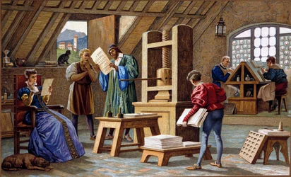 Johannes Gensfleisch Gutenberg (1400-1468), wynalazca prasy drukarskiej (1438). Chromolitografia z XIX wieku.
