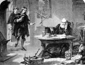 John Milton, angielski poeta i eseista (1608-1674) odwiedził Galileo Galilei (Galileo) (1564-1642) w swojej celi inkwizycji florenckiej. Rytownictwo. 1860 ok.