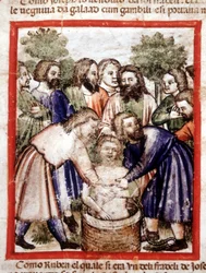 Józef sprzedany przez braci i wrzucony do studni. Miniatura z kodeksu 212 (lub kodeksu padovano lub Biblii z Padwy) 1390-1400 Rovigo, Accademia dei Concordi