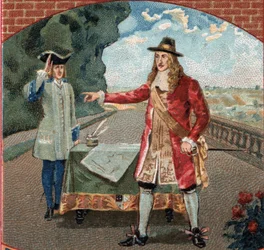 Król Anglii Jakub II (James II Stuart) (1633-1701) podczas pobytu na zamku Saint-Germain-en-Laye (Saint Germain en Laye). Chromolitografia z końca XIX wieku