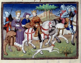 Król Filip VI Walezyjski i Biała Królowa Nawarry (?) Początek polowania Miniatura zaczerpnięta z „Księgi łowieckiej”” Gastona III Phoebusa, hrabiego Foix, Lorda Bearn (1331-1391)