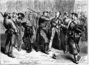 La Commune de Paris w 1871. Aresztowanie ogniotrwałego przez oddział federacji.
