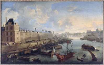 La Grande Galerie du Louvre, le Pont-Neuf, la Cité, le collège des Quatres-Nations, ok. 1670, nad Sekwaną królewska galera, dzisiejsze 1. i 6. dzielnica, między 1670 a 1685 (olej na płótnie)