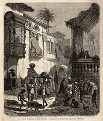 La casa de la Merced (obecnie Mercy Street) w Saint Augustine, najstarszym mieście w Stanach Zjednoczonych (Stany Zjednoczone), założonym przez Hiszpanów w 1565 roku; główna ulica miasta, mała i zaludniona, z różnymi zwierzętami i osobliwą mieszanką różnyc