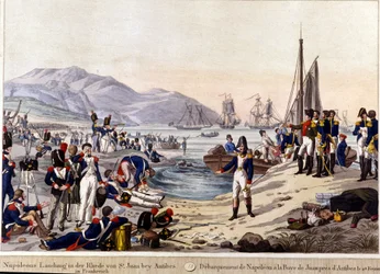 Lądowanie Napoleona I w Antibes w 1815 roku. Grawerowanie XIX wieku.