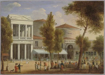 Le théâtre des Variétés et le passage des Panoramas, bulwar Montmartre, ok. 1825, ok. 1825 (olej na karcie)