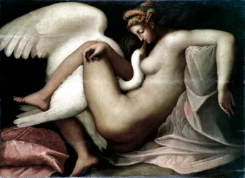 Leda i łabędź Anonimowy obraz po oryginalnym detruit autorstwa Michała Anioła Buonarrotiego zwanego Michał Anioł (Michelangelo lub Michelangelo