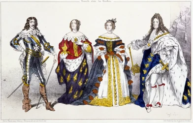 Les Bourbons: Ludwik XIII (1601-1643) i Anna Austriaczka (1601-1666), Maria Teresa Austrii (lub Hiszpanii) (1638-1683) i Ludwik XIV (1638-1715) - Talerz wydobyty z królów i królowych Francji w drukach, Paryż, wyd. Szybki