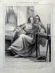 Les grands hommes en chemise Reprezentacja pisarza Honore de Balzac (1799-1850) otulającego młodą kobietę podczas palenia papierosa. Ilustracja E. Alleta (XIX wiek) Paryż, Maison Balzac