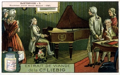 Chromolitografia Liebiga. Ludwig van Beethoven (1770/1827) gra przed Wolfgangiem Amadeuszem Mozartem (1756/1791). Tutaj w 1787 roku.