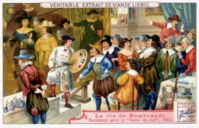 Chromolitografia Liebiga na temat życia Rembrandta (1606 - 1669), holenderskiego malarza. Tutaj nocna runda w 1642 roku.