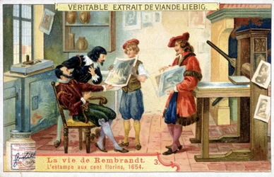 Chromolitografia Liebiga na temat życia Rembrandta (1606-1669) holenderskiego malarza. To jest odcisk 100 guldenów z 1654 roku.