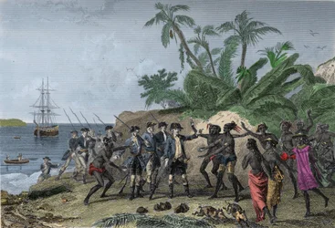 Louis Antoine (Louis-Antoine) z Bougainville, francuski nawigator (1729-1811), przemawiający do wysp markizów na Tahiti, 6 kwietnia