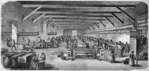Produkcja musztardy i konserw w Louit freres w bordeaux. Butelki i pakownia. Grawerowanie z 1865 roku.