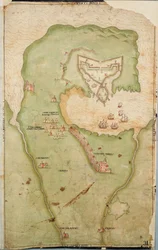 Mapa Smerwick w Irlandii przedstawiająca angielski wał ziemny z dwoma działami do ataku na hiszpański fort oraz angielskich żołnierzy wymaszerowujących z Castell More