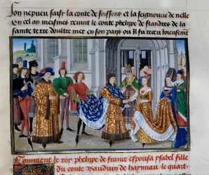 Małżeństwo Philippe Auguste (1165-1223) i Isabelle de Hainault (28 kwietnia 1181). Miniatura w „Kronikach cesarzy” Loyset Liedet (1420-1479)