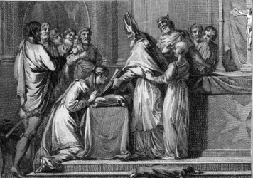 Ślub Sigeberta I (535-575), króla Austrazji i Brunehauta (lub Brunehildy, 543-613), 566. Rycina z XVIII wieku.
