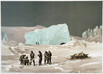 Mężczyźni i sanie na lodzie - w „Wybrzeżu polarnego morza, narracja ekspedycji arktycznej” dr Edward Moos, Marcus Nard & Co, Londyn