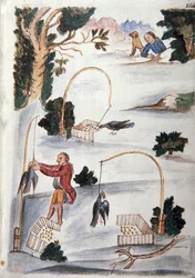 Metoda łapania ptaków na lasso, z książki „Trujillo del Peru” lub „Códice Martínez Compañón”, Baltazara Martineza Compañón y Bujanda, biskupa Trujillo (1782-1785)