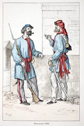Alpiniści (1848). Akwaforta w kolorach, dla ilustracji „Historia korpusu sił pokojowych””” książka wydana pod auspicjami Louisa Lepine’a (1846-1933) prefekta policji nad Sekwaną, autorstwa Alfreda Reya (1864-?) i Louisa Ferona (1862) -?), edytuj