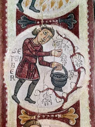Cykl miesięczny: wrzesień (żniwa). Fragment fresku z XII wieku z Królewskiego Panteonu Real Colegiata of San Isidoro (Królewska Kolegiata św. Izydora). Leona.