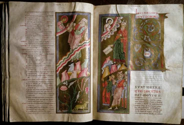 Mojżesz odbiera tablice prawa Podwójna strona rękopisu „Gebhardt Bibel” (Admont) (f.68v., 69r) XII-wieczna wiedeńska Osterreischische Nationalbibliothek